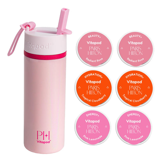 Vitapod Paris Hilton x Daily Wellness System - 22oz Pearlescent Water Bottle in That's Hot Pink & 6 Drink Mix Pod Sampler, Includes BEAUTY+