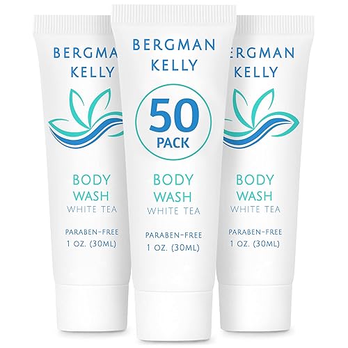 BERGMAN KELLY Travel Size Body Wash (1 fl oz, 50 PK, White Tea), Delight Your Guests with a Revitalizing and Refreshing Hotel Body Wash, Quality Mini