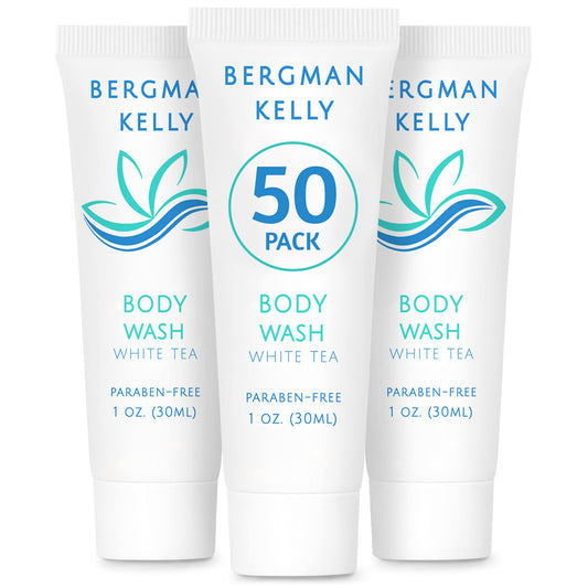 BERGMAN KELLY Travel Size Body Wash (1 fl oz, 50 PK, White Tea), Delight Your Guests with a Revitalizing and Refreshing Hotel Body Wash, Quality Mini