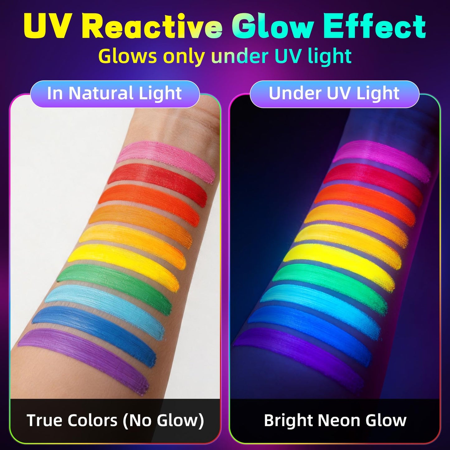 10 Colors Glow in the Dark Body Paint Markers, Neon Face & Body Paint Set, UV Light Reactive Paint for Parties, Halloween, Cosplay, Washable Paint