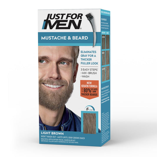 Just For Men Mustache & Beard, Beard Dye for Men with Brush Included, With Keratin Biotin Aloe and Coconut Oil for Healthy Facial Hair - Light Brown