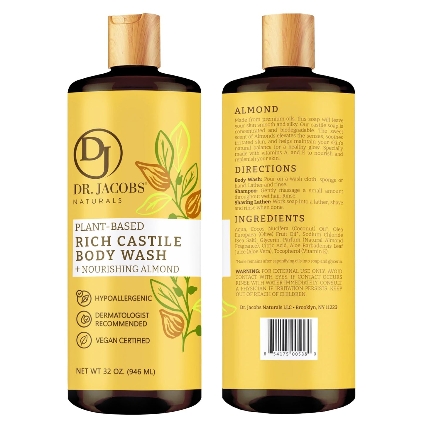 Dr. Jacobs Naturals Pure Castile Soap Liquid Body Wash, Almond - Plant Based Castile Soap Infused with Vitamin E and Aloe Vera to Moisturize Dry