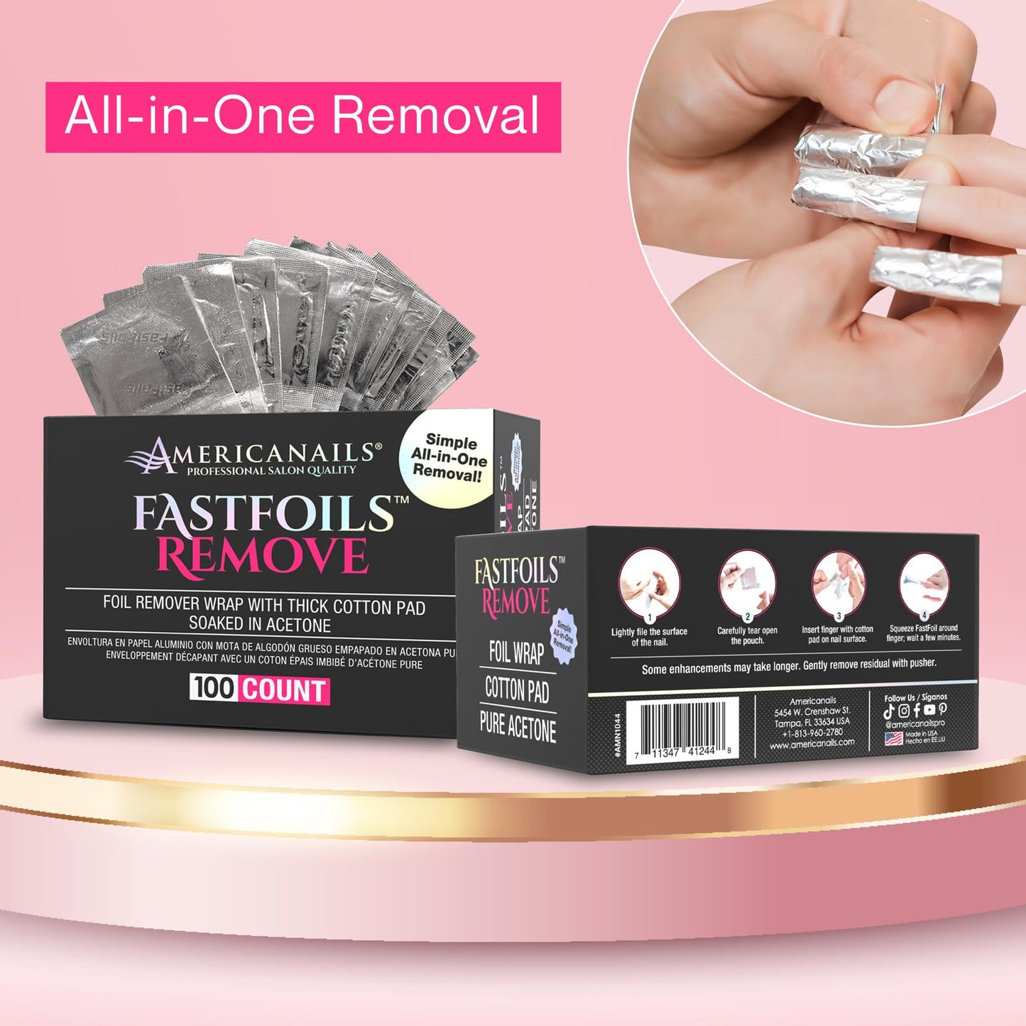 Americanails FastFoils 100 ct, One Step Gel Polish Foil Remover Wraps, All-In-One Foil Remover With Thick Cotton Pad & Pure Acetone, Remove Nail