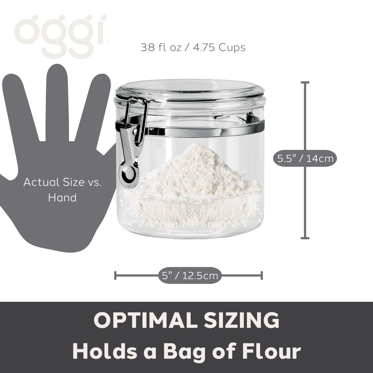 Oggi Clear Canister with Clamp Lid, 38 oz - Large Airtight Food Storage Container, for Kitchen & Pantry Storage of Bulk, Dry Foods Including Pasta…