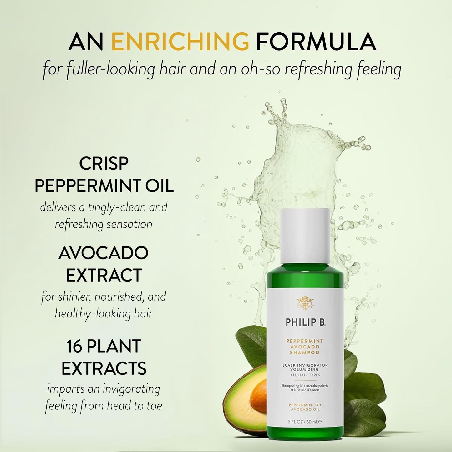 PHILIP B Peppermint Avocado Shampoo, 2 fl. oz. (60 ml) - Volumizing & Clarifying Shampoo for Dry to Oily Hair and Scalp, Non-Stripping