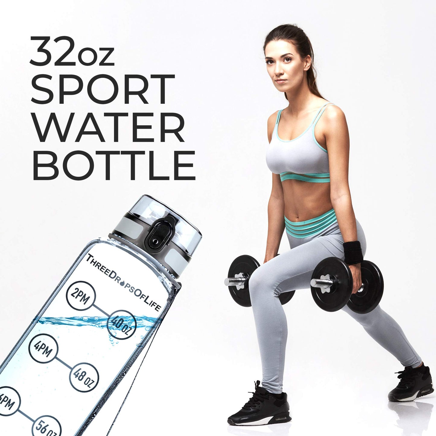 Three Drops of Life Time Marked Water Bottle, Clear Sports Timed Bottle 32 oz, Best for Measuring Water Intake, Tritan BPA-Free One Liter Hydration