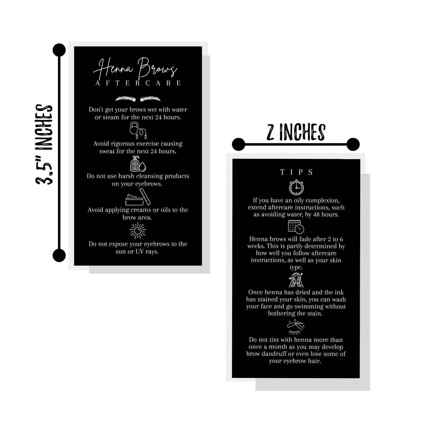 Brow Henna Aftercare & Tips Cards | Physical Printed 2 x 3.5” inches Business Card Size | Brow Artist Supplies | Henna Brow Care | Black and White