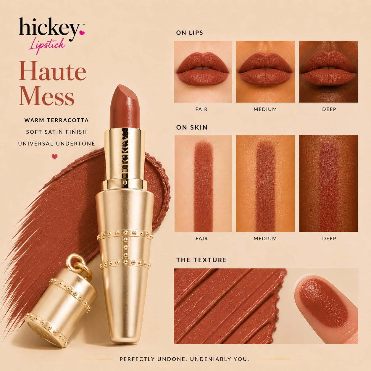 Hickey Refillable Pendant Lipstick, Haute Mess[Terracotta] - Wearable Satin Lip Color on a Chain, Refillable Clean Beauty, Full Lipstick Included