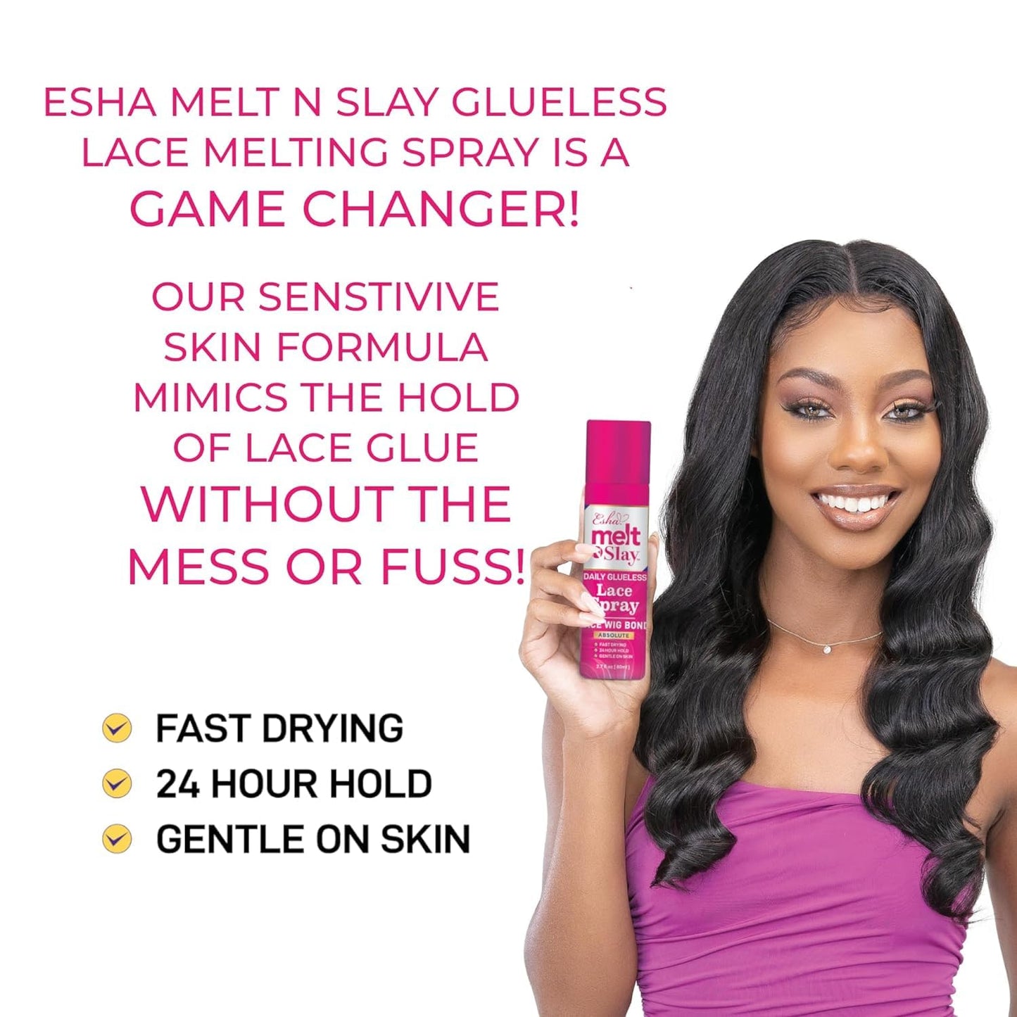Esha Melt N Slay Glueless Lace Spray, Melting and Holding for Wigs, Lace Bond Adhesive Spray for Closure Wigs, Extensions, Strong, Natural Forming