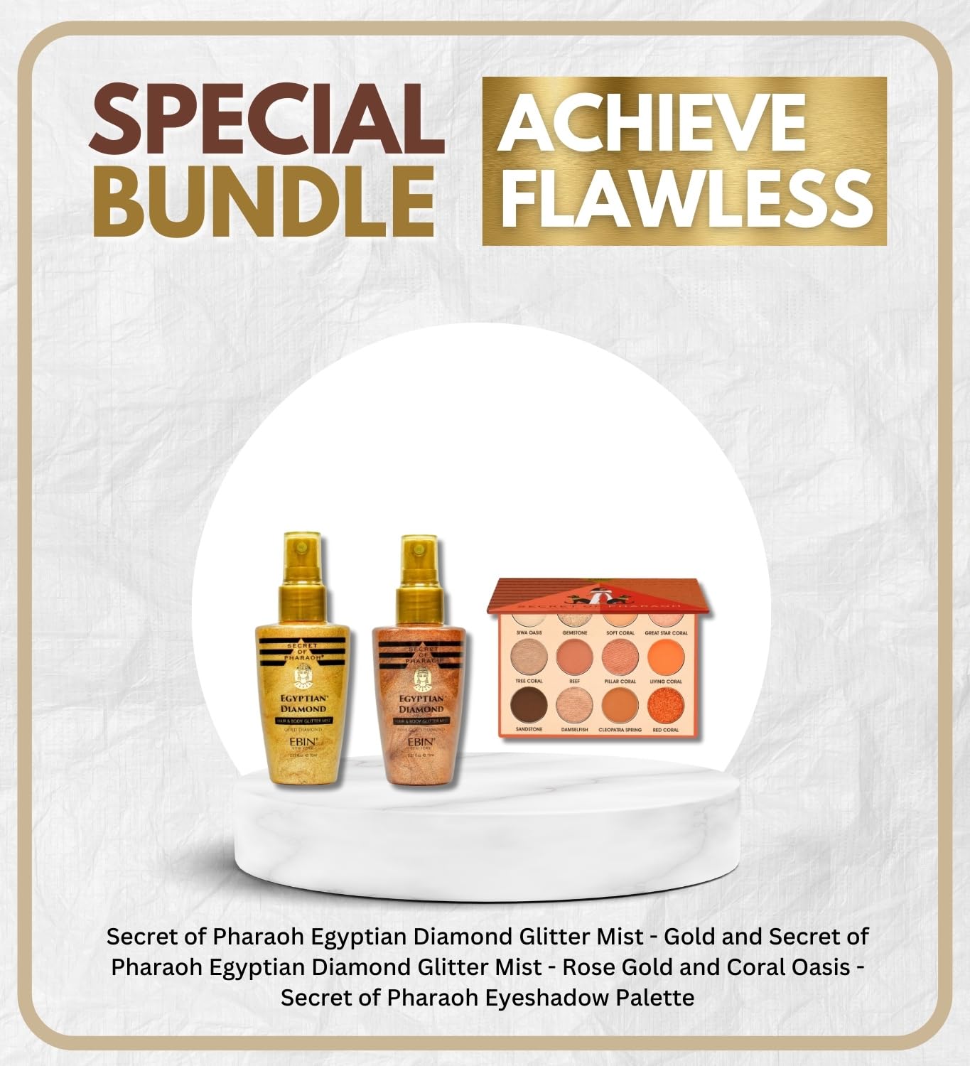 Secret of Pharaoh Egyptian Diamond Glitter Mist Gold 70ml and Rose Gold 70ml Bundle with Coral Oasis Eyeshadow Palette by EBIN NEW YORK - Shimmer Body