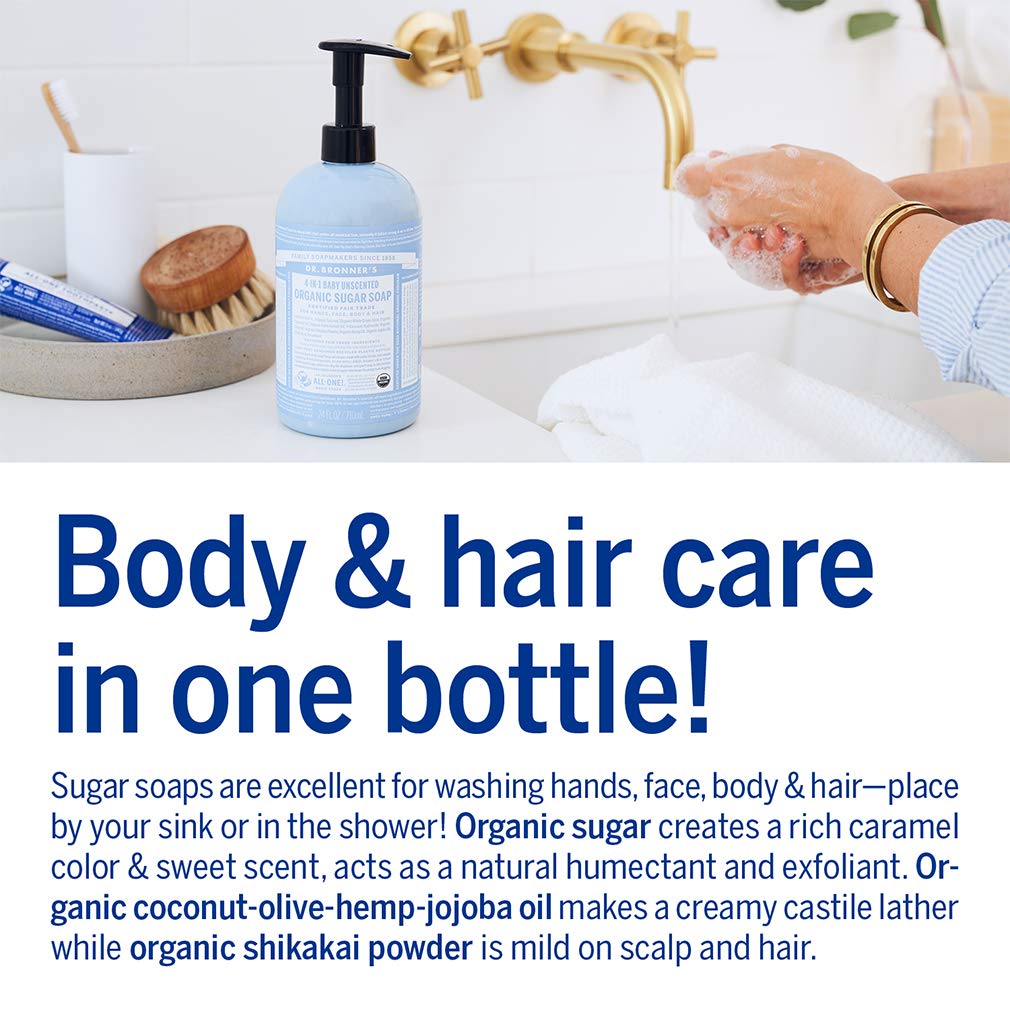 Dr. Bronner's Organic Sugar Soap (Baby Unscented, 12 Ounce) - Made with Regenerative Certified Organic Oils, Sugar & Shikakai Powder, 4-in-1 Use