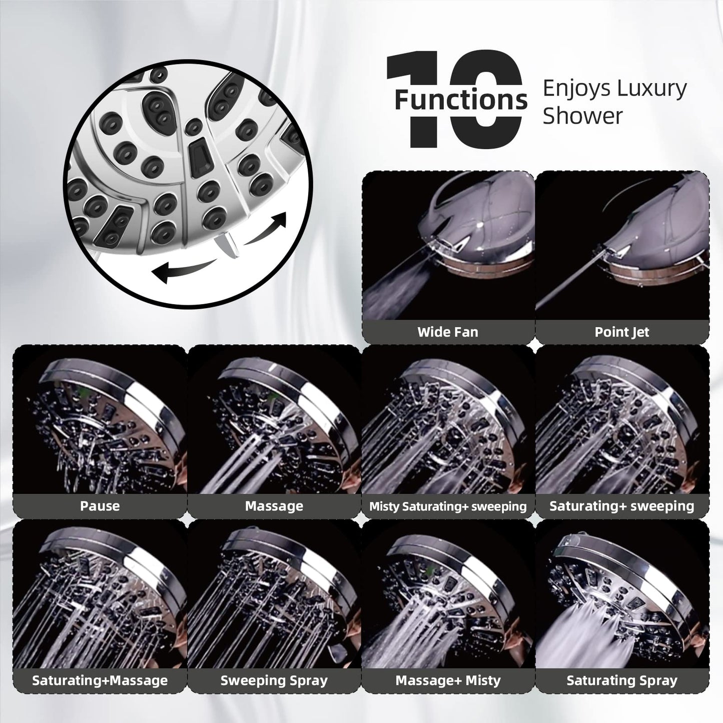 BESAQUO High Pressure Handheld Shower Head – 10 Functions, Pause Mode, Power Wash, 6.5ft Hose & Metal Bracket, Leakproof
