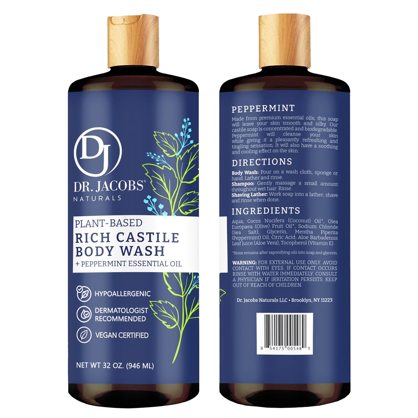 Dr. Jacobs Naturals Pure Castile Soap Liquid Body Wash, Peppermint - Plant Based Soap Infused with Vitamin E and Aloe Vera to Moisturize Dry Beauty & Personal Care DR.JACOBS NATURALS