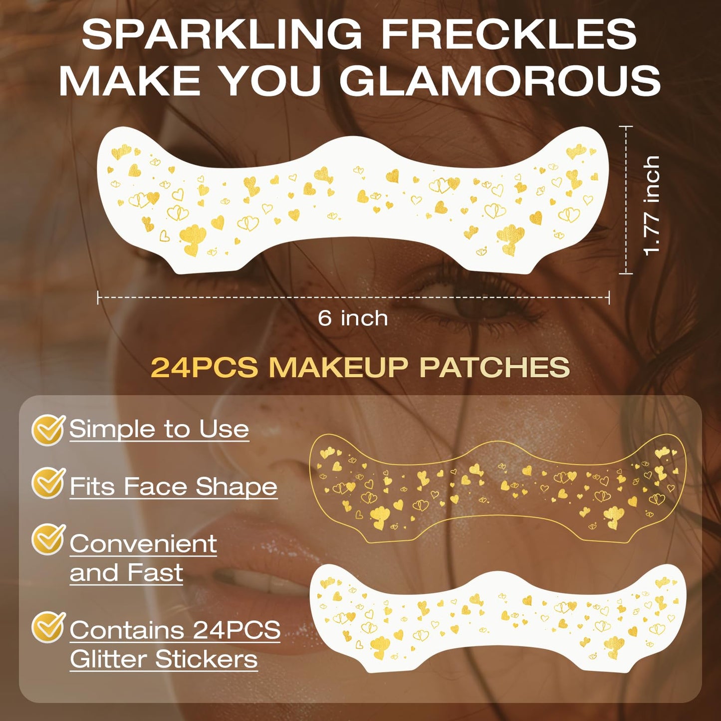 Leterly 24 Pcs Glitter Freckles Face Tattoo,Gold Face Glitter Makeup Patches Cute Sparkle Freckles Patches Waterproof Makeup Speckles for Face