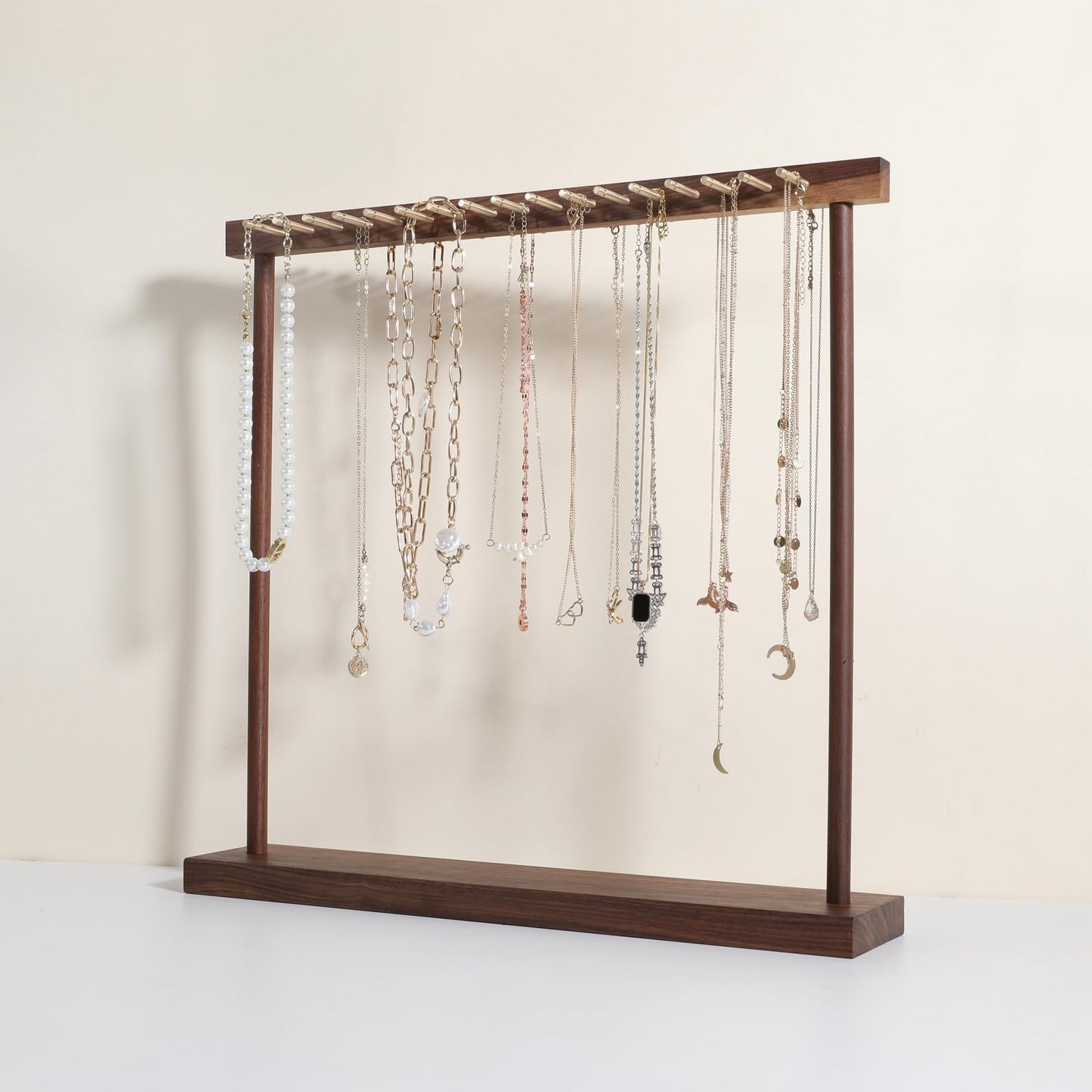 GemeShou Large necklace hanger shelf with 17 copper bars, Wooden jewelry storage organizer rack for hanger necklace bracelet, necklace display stand…