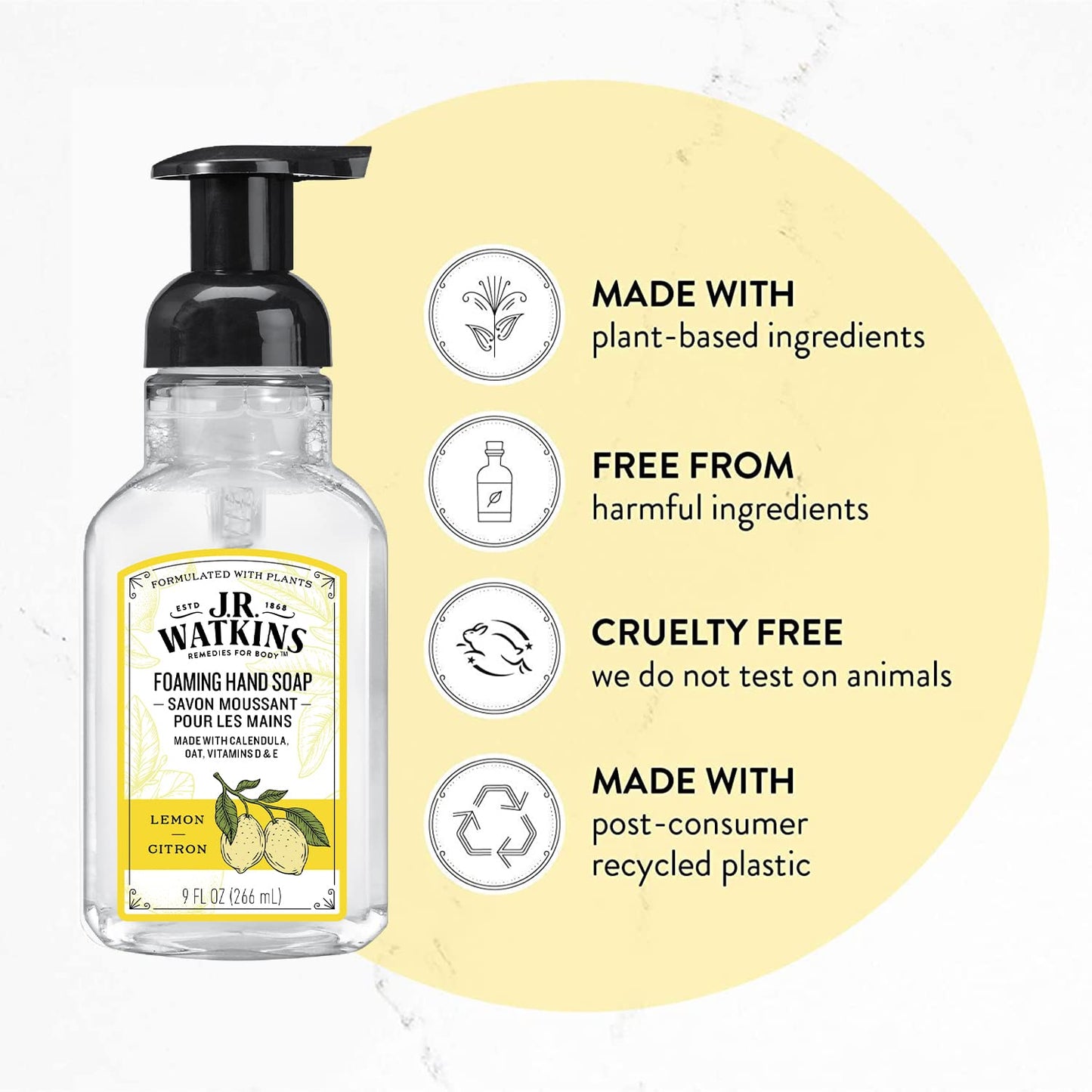 J.R. Watkins Foaming Hand Soap For Bathroom or Kitchen, Scented, Cruelty Free, 9 Fl Oz, Lemon, 3 Pack
