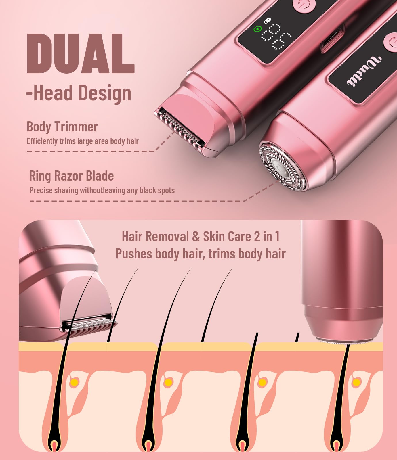 WUDTI Electric Bikini Trimmer for Women: Razor & Shaver with Dual Heads for Body Pubic Hair, IPX7 Waterproof with LED Display - Rechargeable Lady Beauty and Personal Care Wudti