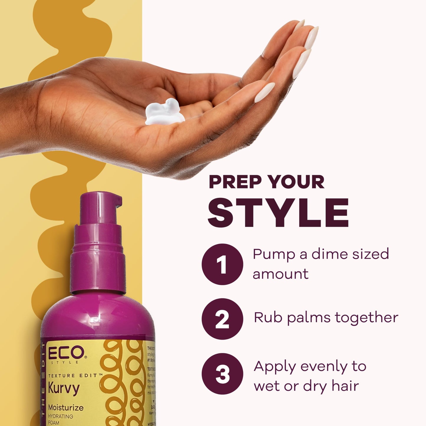 Eco Style, Texture Edit, Kurvy Moisturize Hydrating Foam for Type 2a to 2c wavy hair - Prep your hair for any style with lightweight leave in
