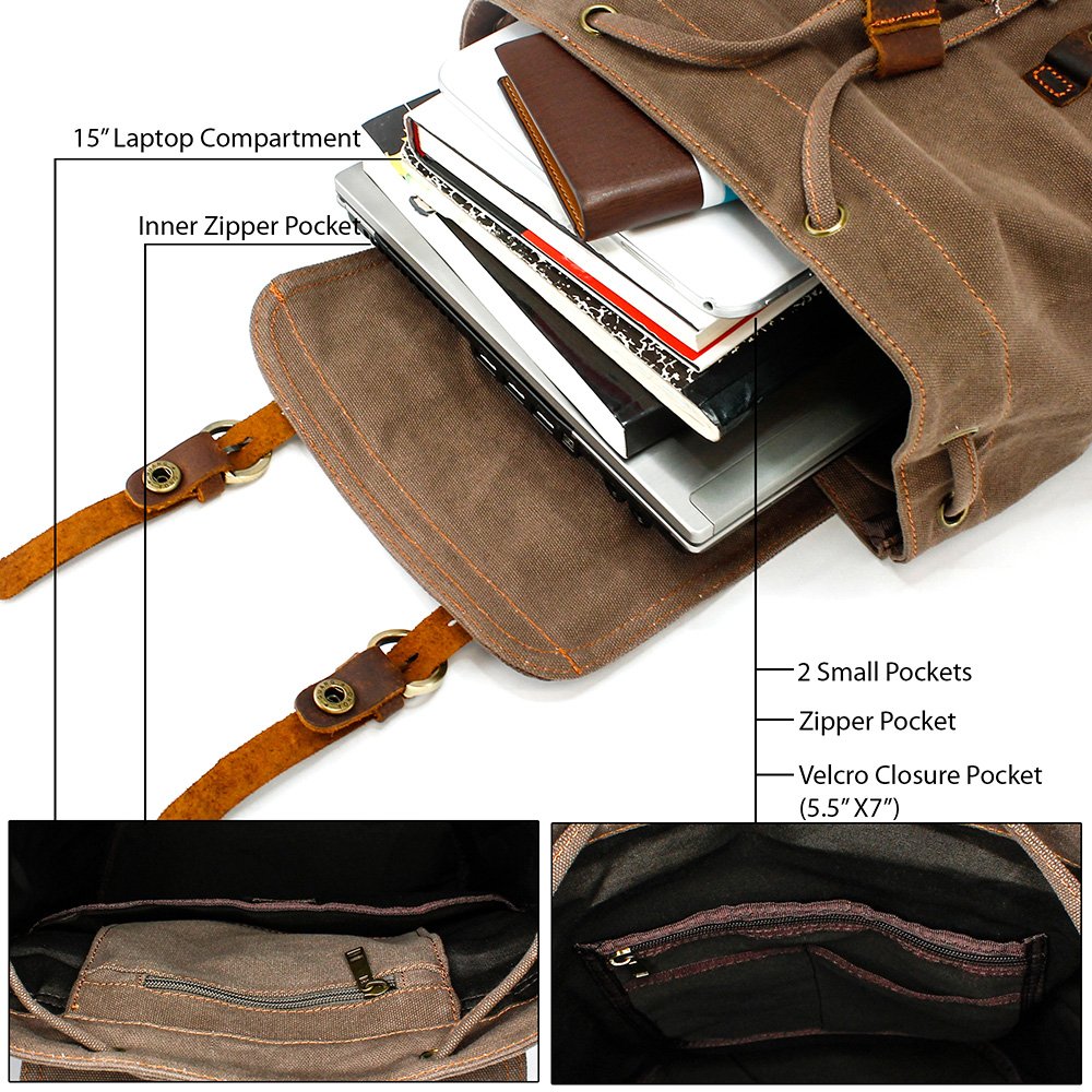GEARONIC Vintage Canvas Backpack, Casual Daypack Backpacks for Men Women, 15inch Laptop Bag Travel Hiking Camping Rucksack - Brown