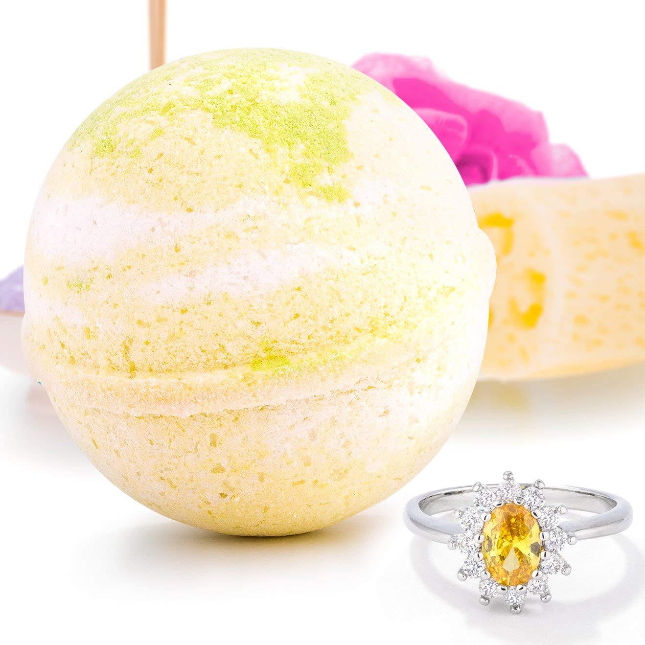 Bauble Bomb's Pina Colada Jewelry Surprise Deluxe X Large 9 oz Bath Bomb Fizzies Made in USA, Cruelty Free! Ring Size 09