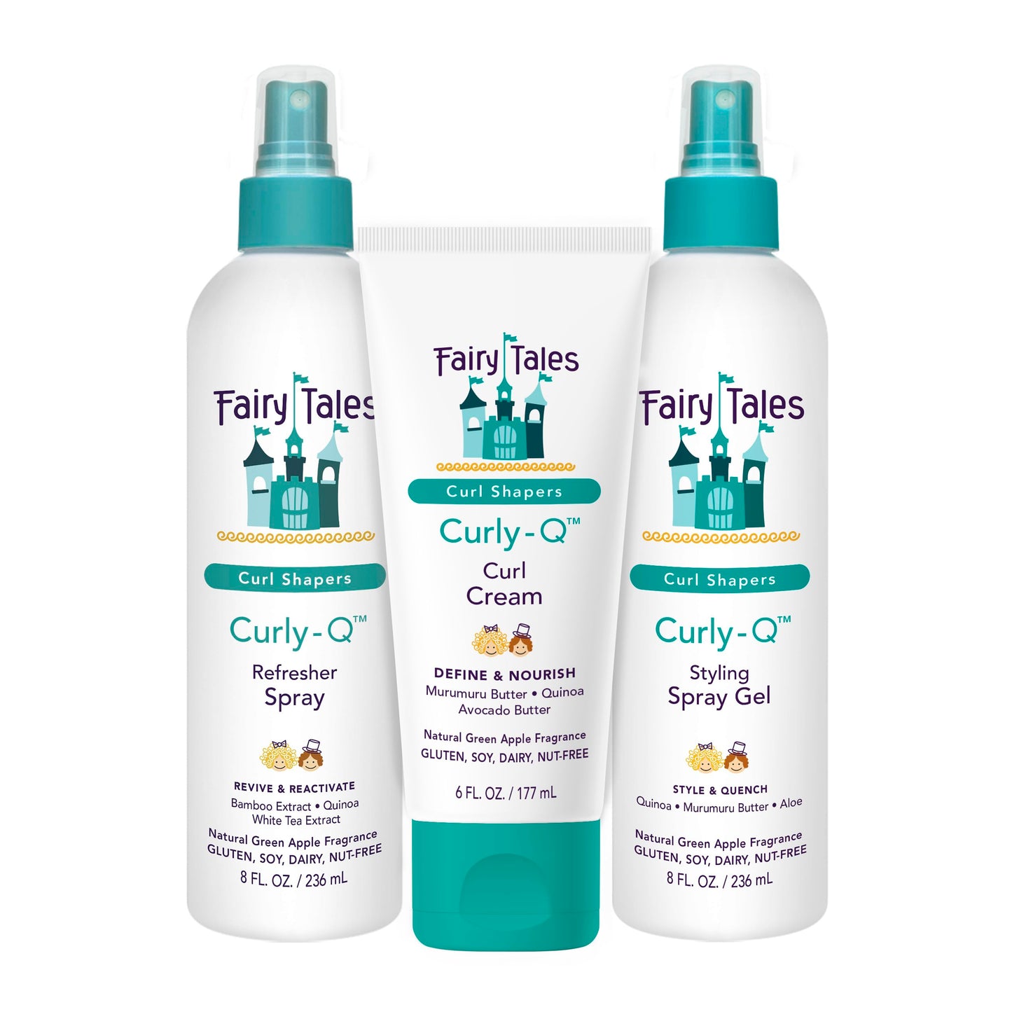 Fairy Tales Curly Q Kids Curly Hair Styling Products Set - Curl Cream, Curl Refresher & Curl Styling Spray Gel - Green Apple Scent, Phthalate