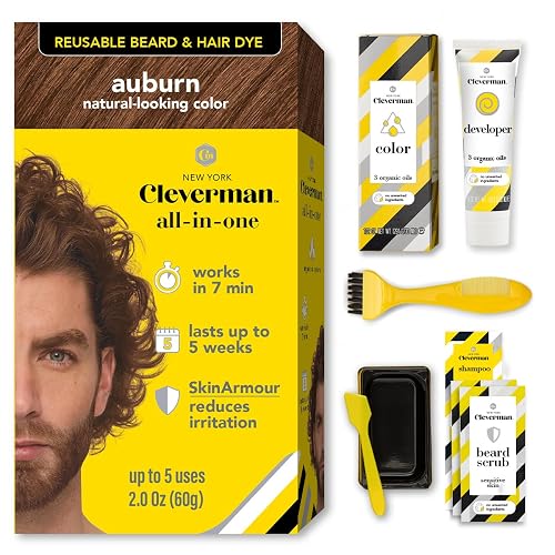 Reusable Hair & Beard Dye for Men - Auburn 7.04 | Up to 5 Uses, 7 Minutes | Natural Gray Coverage, No-Drip Cream with SkinArmour® - Cleverman