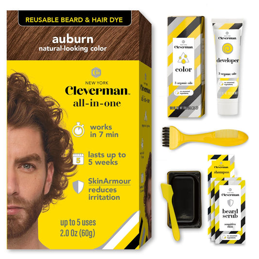 Reusable Hair & Beard Dye for Men - Auburn 7.04 | Up to 5 Uses, 7 Minutes | Natural Gray Coverage, No-Drip Cream with SkinArmour® - Cleverman