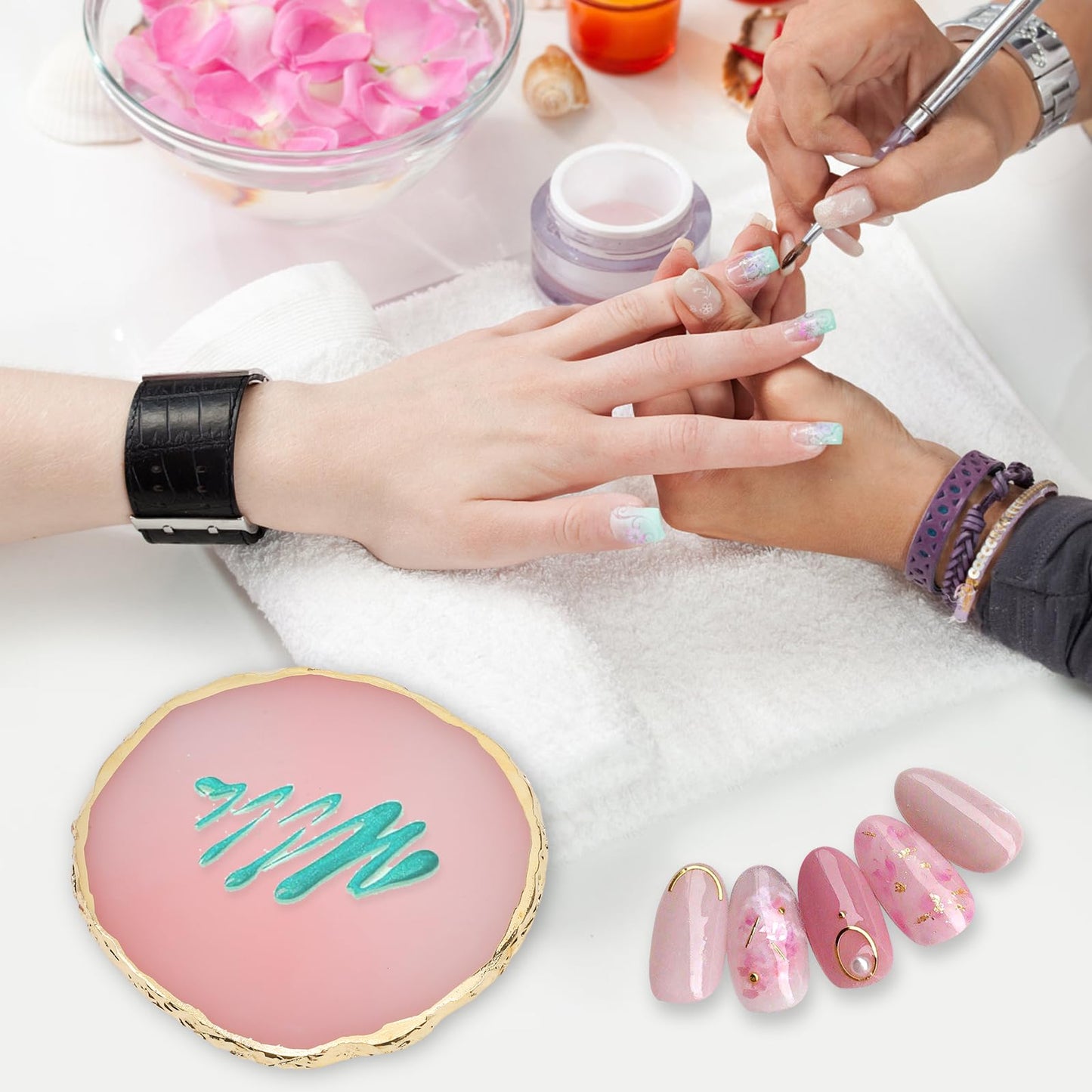2 Pcs Resin Nail Art Palette Set, Pink & White, Gold Edge, 10 x 8 cm Beauty and Personal Care Pengxiaomei