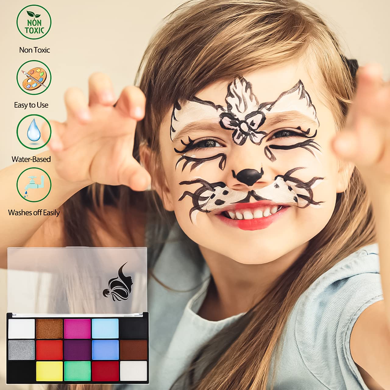 Face Painting Kit for Adults, Water Activated Body Face Paint, 15 Colors Water Based Facepaints Makeup Palette 12 Pcs Brushes, Stencils, Non Toxic