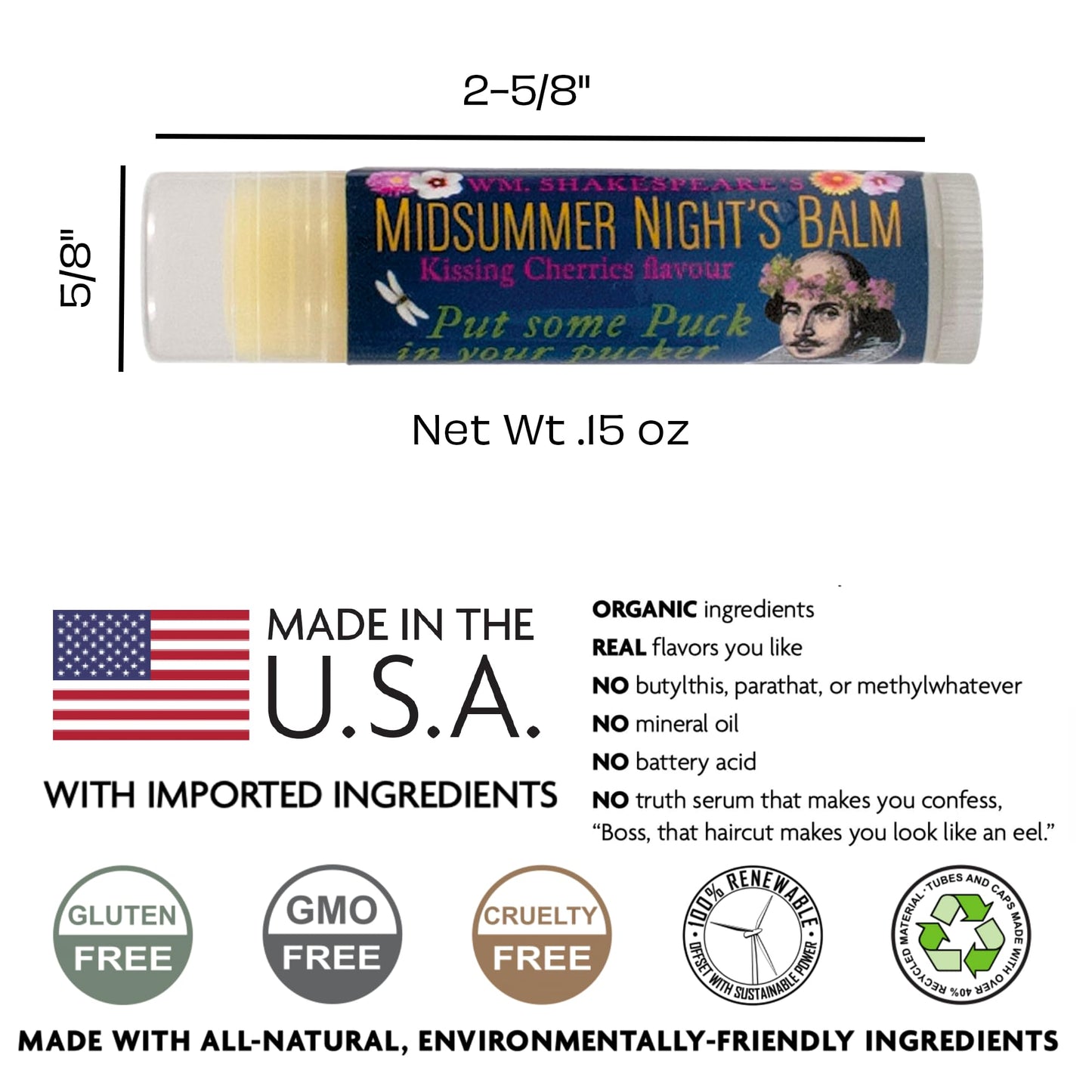 The Unemployed Philosophers Guild Shakespeare's Midsummer Night's Lip Balm - Cherry Flavored, Cruelty-Free and Made in the USA from Natural