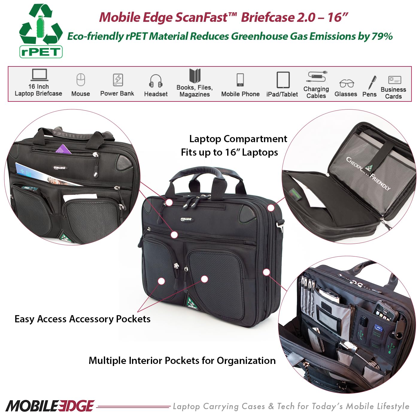 Mobile Edge ScanFast Laptop Briefcase Bag for Men and Women, for 16" PC and Compatible with MacBook 17", TSA Checkpoint Friendly, Black