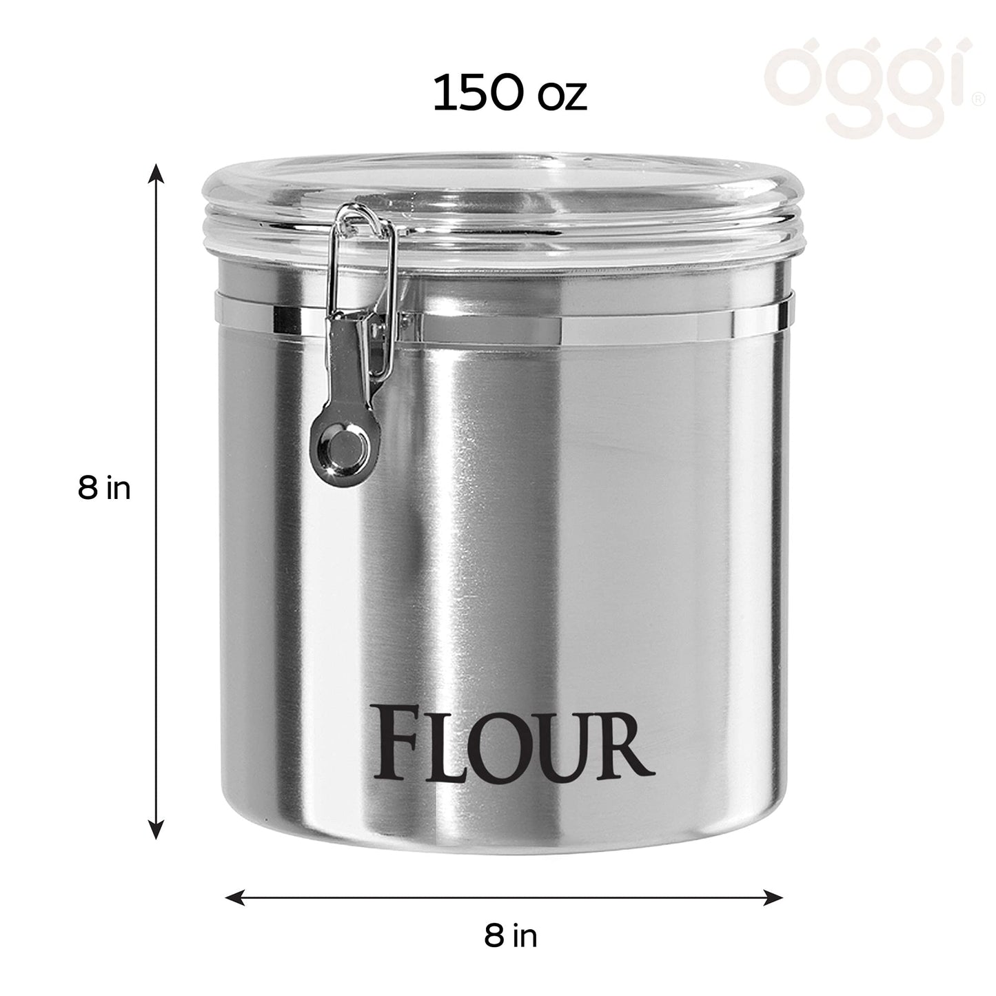 Oggi Jumbo 8" Stainless Steel Flour Clamp Canister - Airtight Food Storage Container Ideal for Kitchen & Pantry Storage of Flour or other Bulk, Dry…