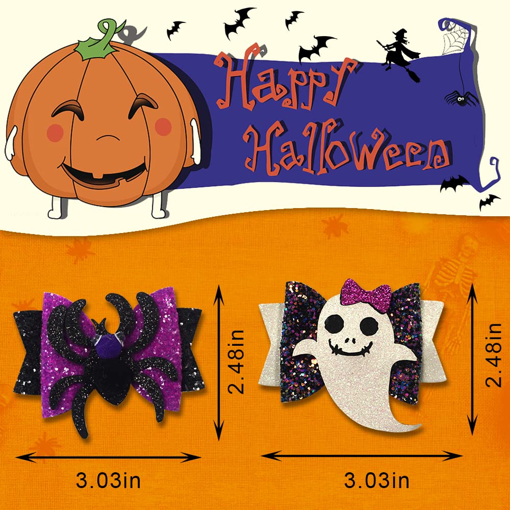 Hying 4PCS Halloween Glitter Hair Bow Clips for Kids Baby Girls, Ghost Pumpkin Bowtie Hair Pins for Kids Halloween Decorations Hair Accessories