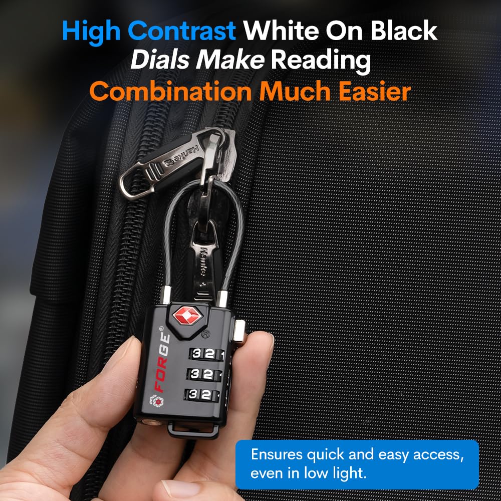 TSA Approved Cable Luggage Locks – 2 Pack Black Resettable Combination Travel Locks with Durable Alloy Body