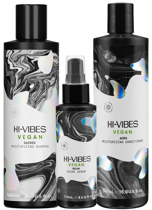 MOEHAIR Hi-Vibes Vegan Shampoo, Conditioner and Serum | Argan Oil Shampoo and Conditioner Set with Anti Frizz Hair Serum | Infused With Avocado