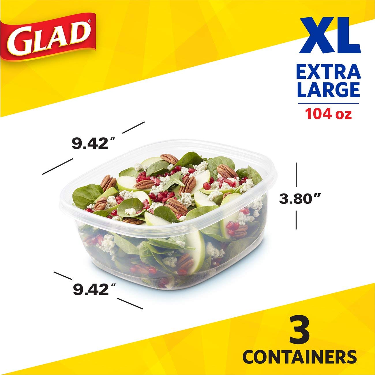 Glad Food Storage Containers - Family Sized Container - 104 Ounces - 3 Containers