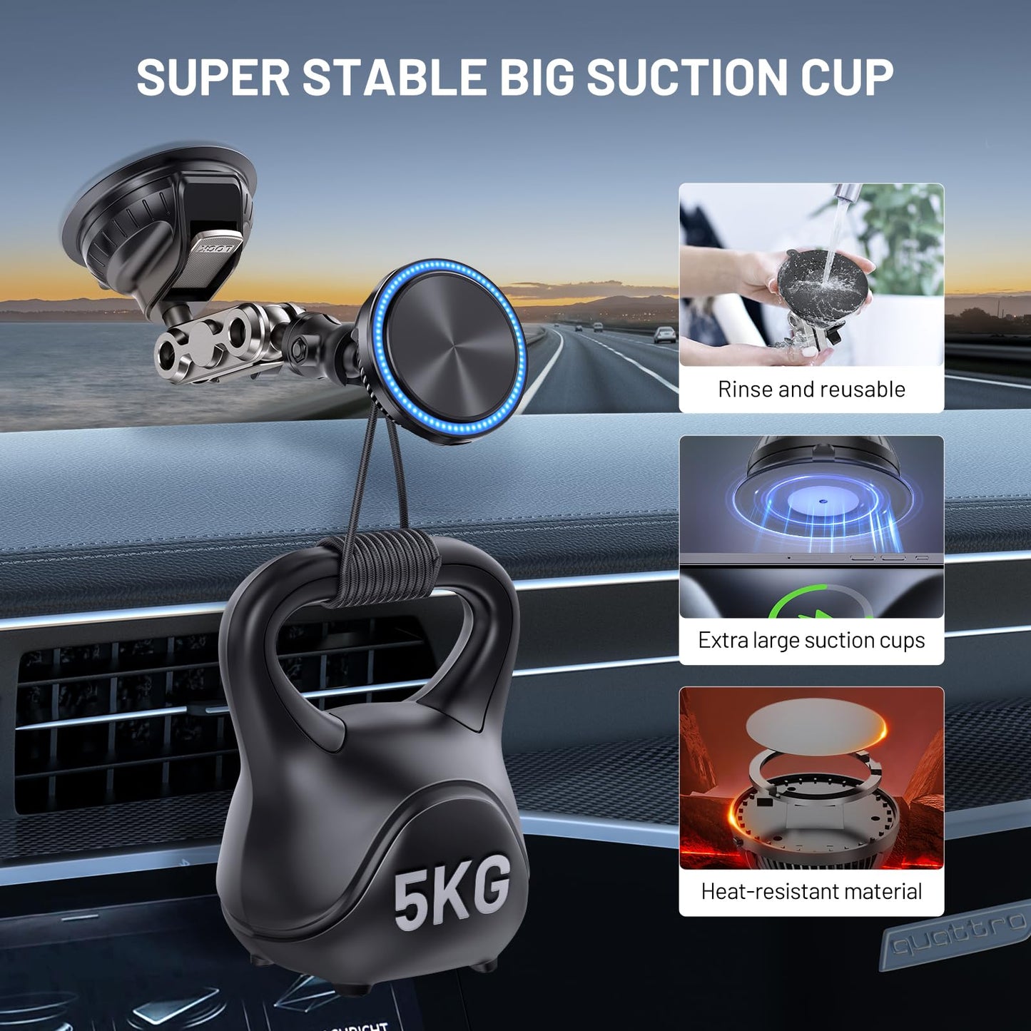 This Hill 15W Magnetic Wireless Car Charger Mount, Compatible with MagSafe, Phone Holder with 360° Suction Cup & Aluminum Alloy Telescopic Arm…