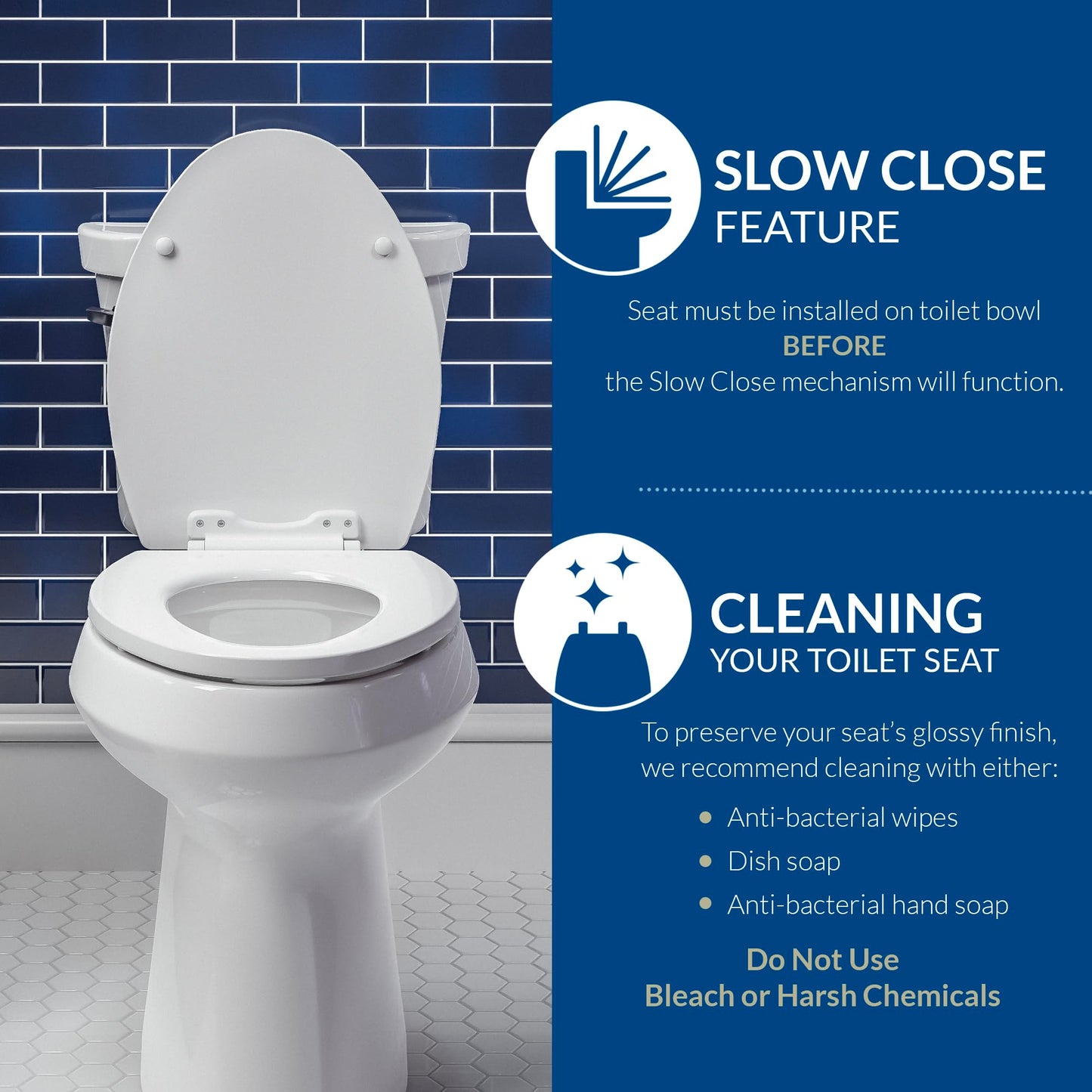 Mayfair Cassel Slow Close Elongated Toilet Seat, Easy Clean & Non-Slip Premium Wood, Easy Install, Made in USA, White