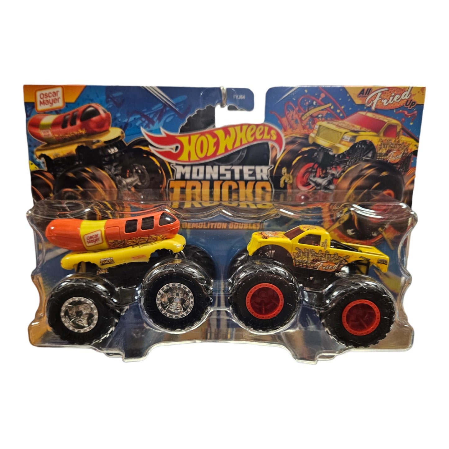 Hot Wheels Monster Trucks Demolition Doubles Oscar Mayer Weinermobile Vs All Fried Up 2 Pack. 1:64 Scale.