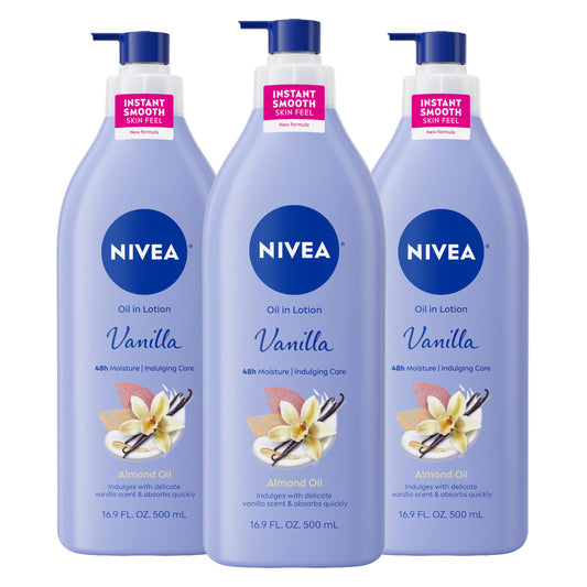 NIVEA Oil Infused Vanilla and Almond Oil Body Lotion for Women, Fast-Absorbing and Non-Greasy Vanilla Scented Lotion Moisturizes for 48 Hours, 16.9 Fl