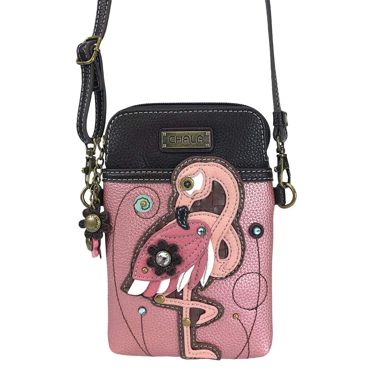 CHALA Cell Phone Crossbody Purse-Women PU Leather/Canvas Multicolor Handbag with Adjustable Strap - Flamingo - glitter pink