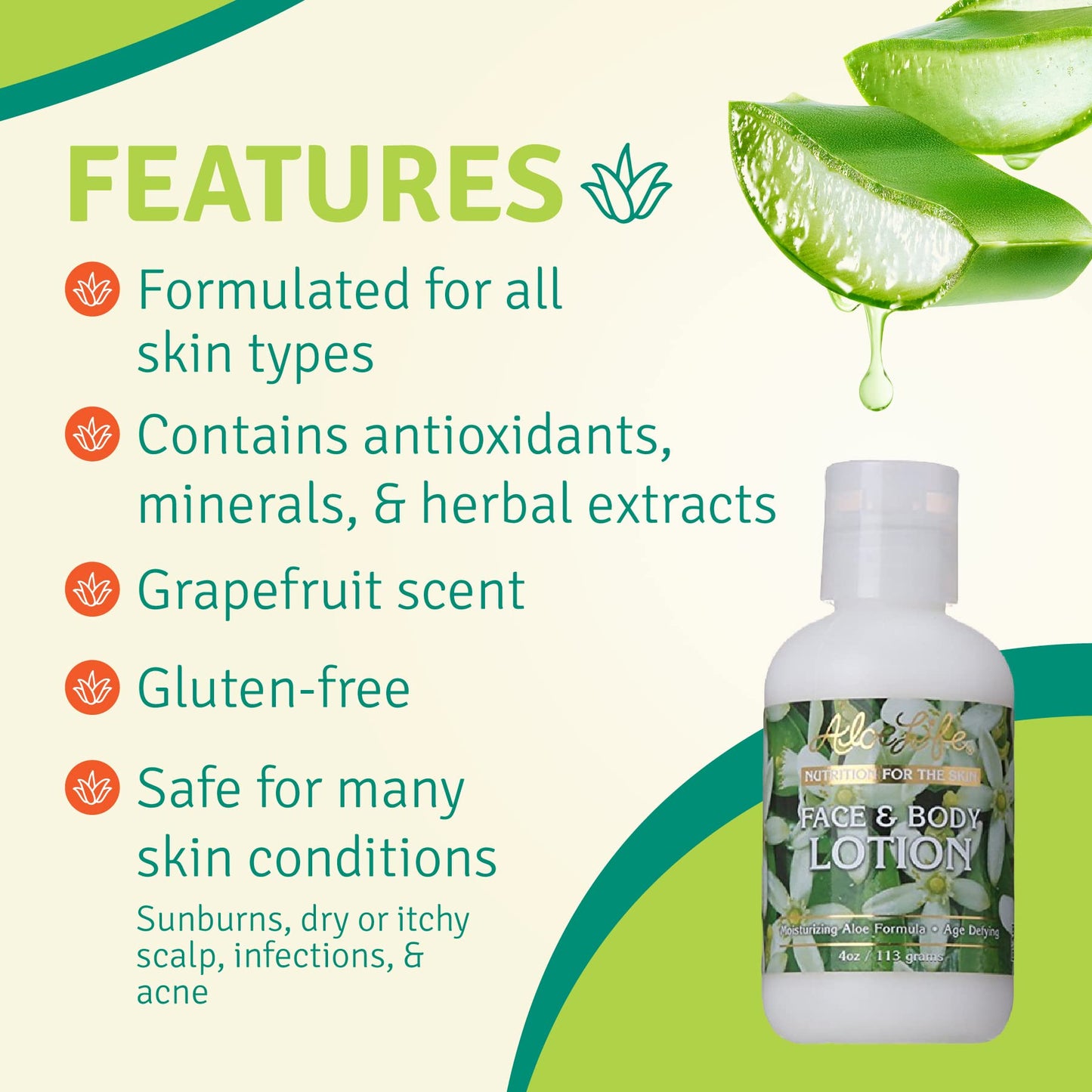 Aloe Life - Face & Body Lotion, Concentrated Formula, Hydrates Dry Skin, Contains Antioxidants, Minerals, & Herbal Extracts, Pleasant Grapefruit