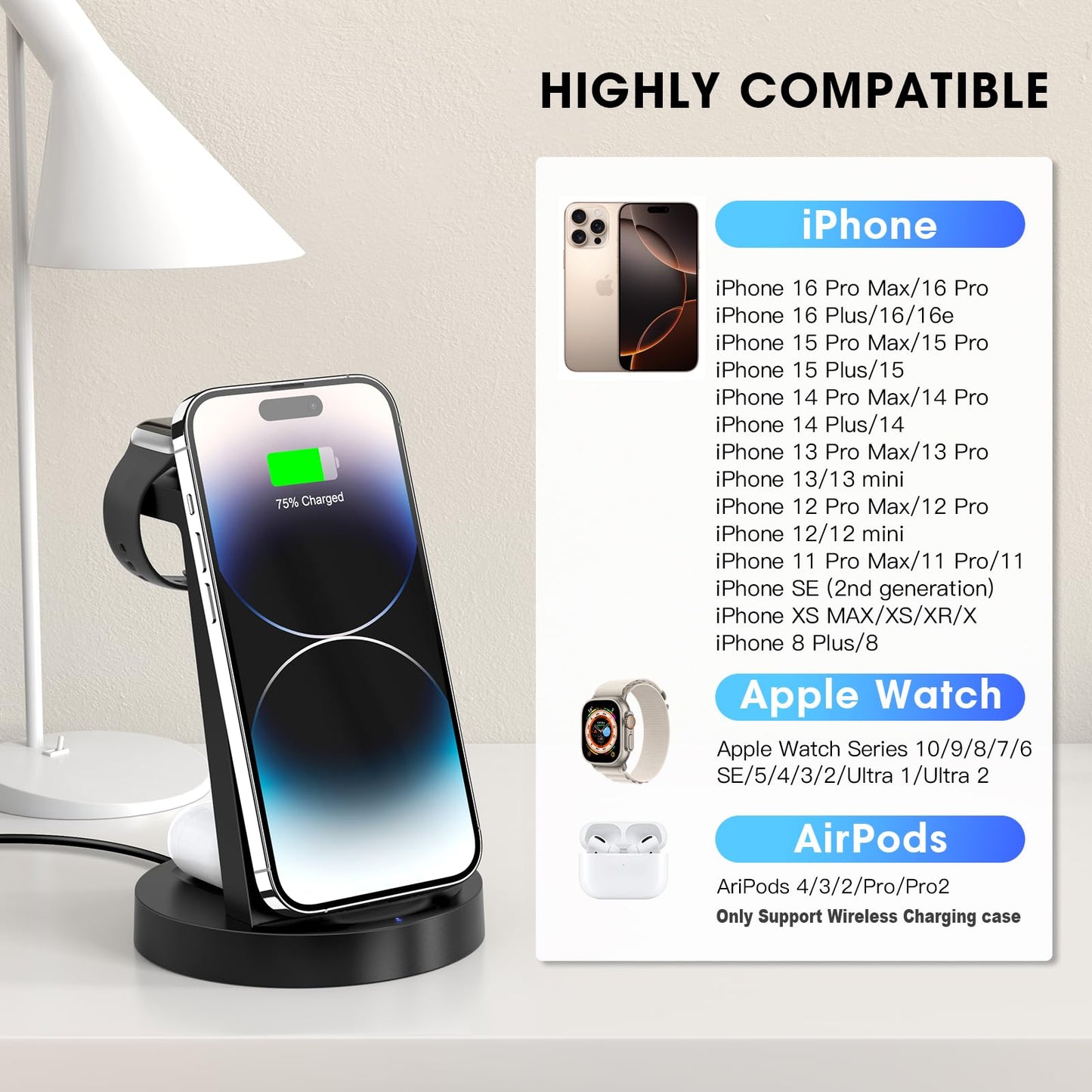 3-in-1 Wireless Charging Station for iPhone 16–11 Pro Max, Apple Watch & AirPods 4/3/Pro – Fast & Convenient Charging