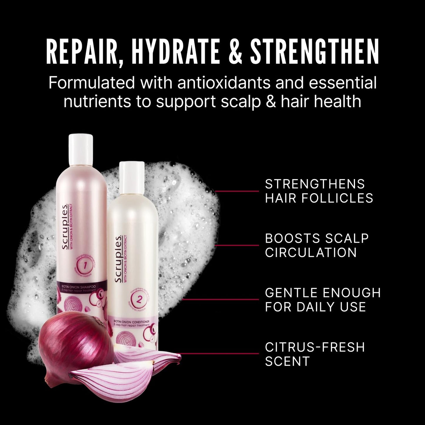 Scruples Biotin Onion Shampoo and Conditioner Bundle - Hair Growth Shampoo & Conditioner for Women to Strengthen & Hydrate - Made with Onion Extract