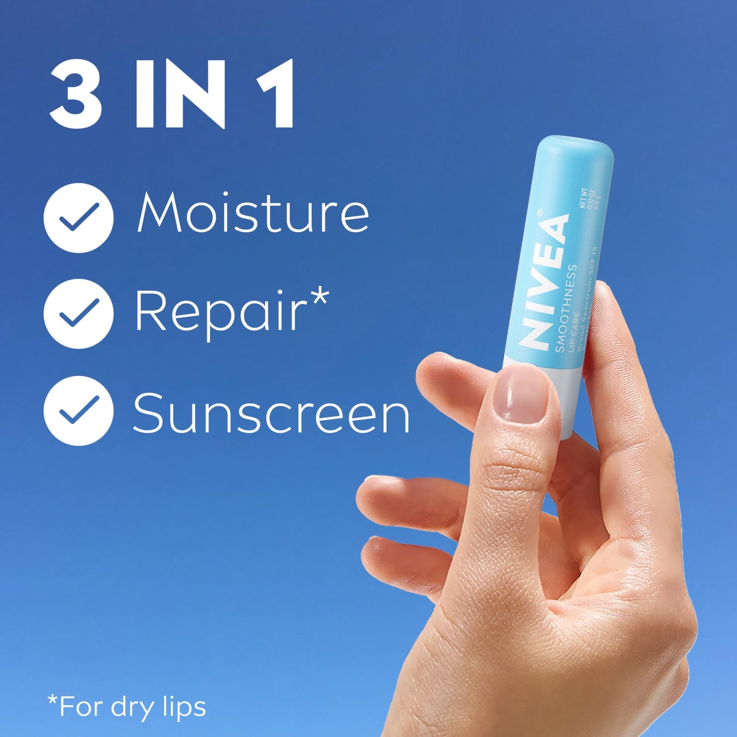 NIVEA Smoothness Lip Care, Sunscreen Lip Balm with SPF 15 Broad Spectrum, Shea Butter, Nourishing Oils and Vitamin C & E, 3-in-1 Moisture, Repair