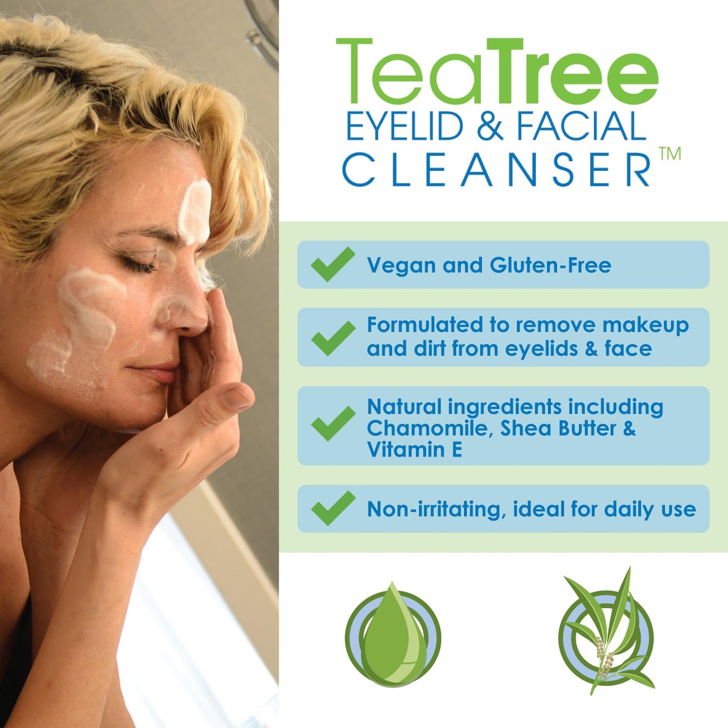 EYEECO Gentle Tea Tree Oil Foaming Facial Cleanser – 1.6oz – Non-Irritating Eyelid Cleanser & Face Wash with Tea Tree, Chamomile & Shea Butter