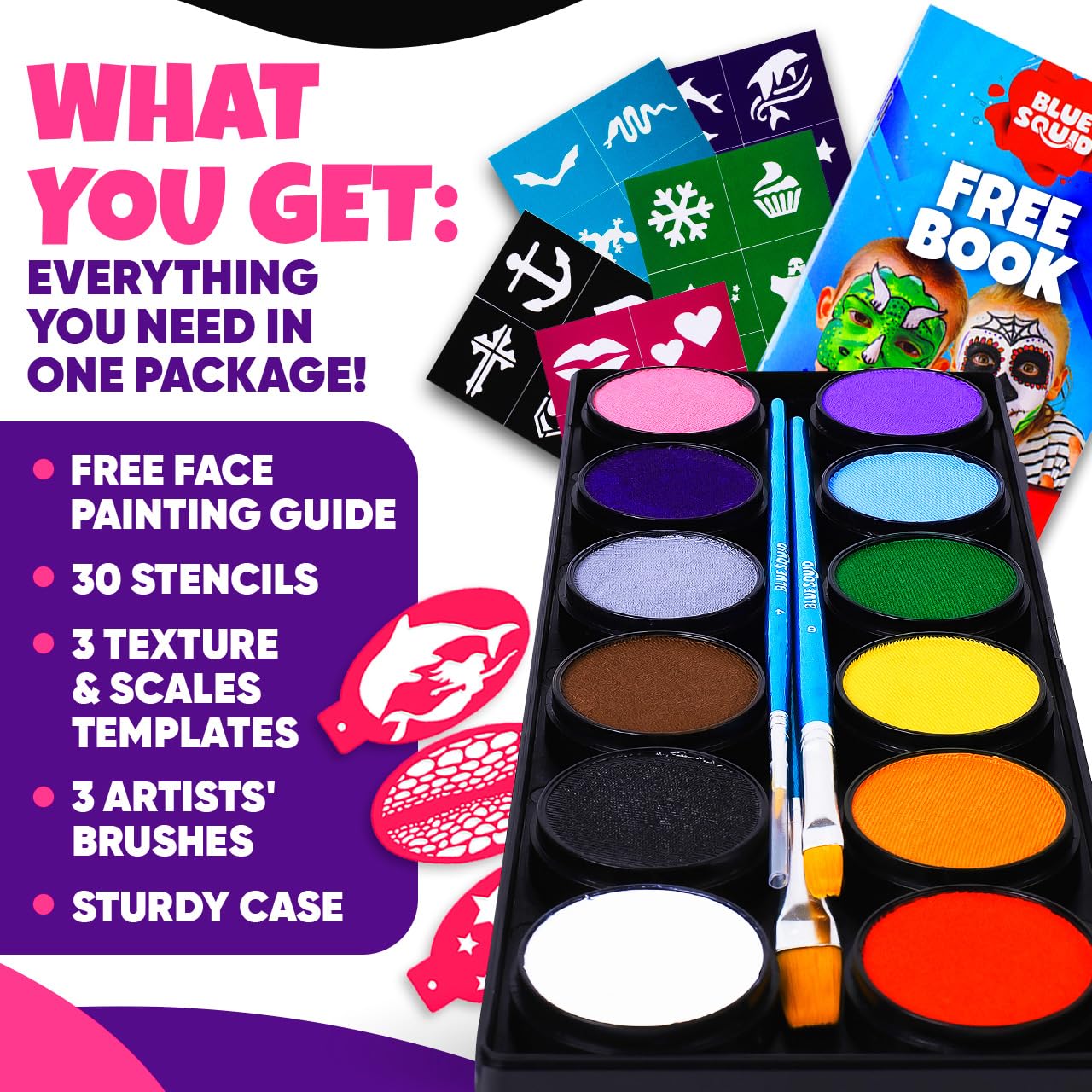 Blue Squid Face Painting Kit for Kids - 120g/4.23oz Face Paint Kit Palette, Stencils, 12 Colors - Safe for Sensitive Skin, Non Toxic Face Painting Kit