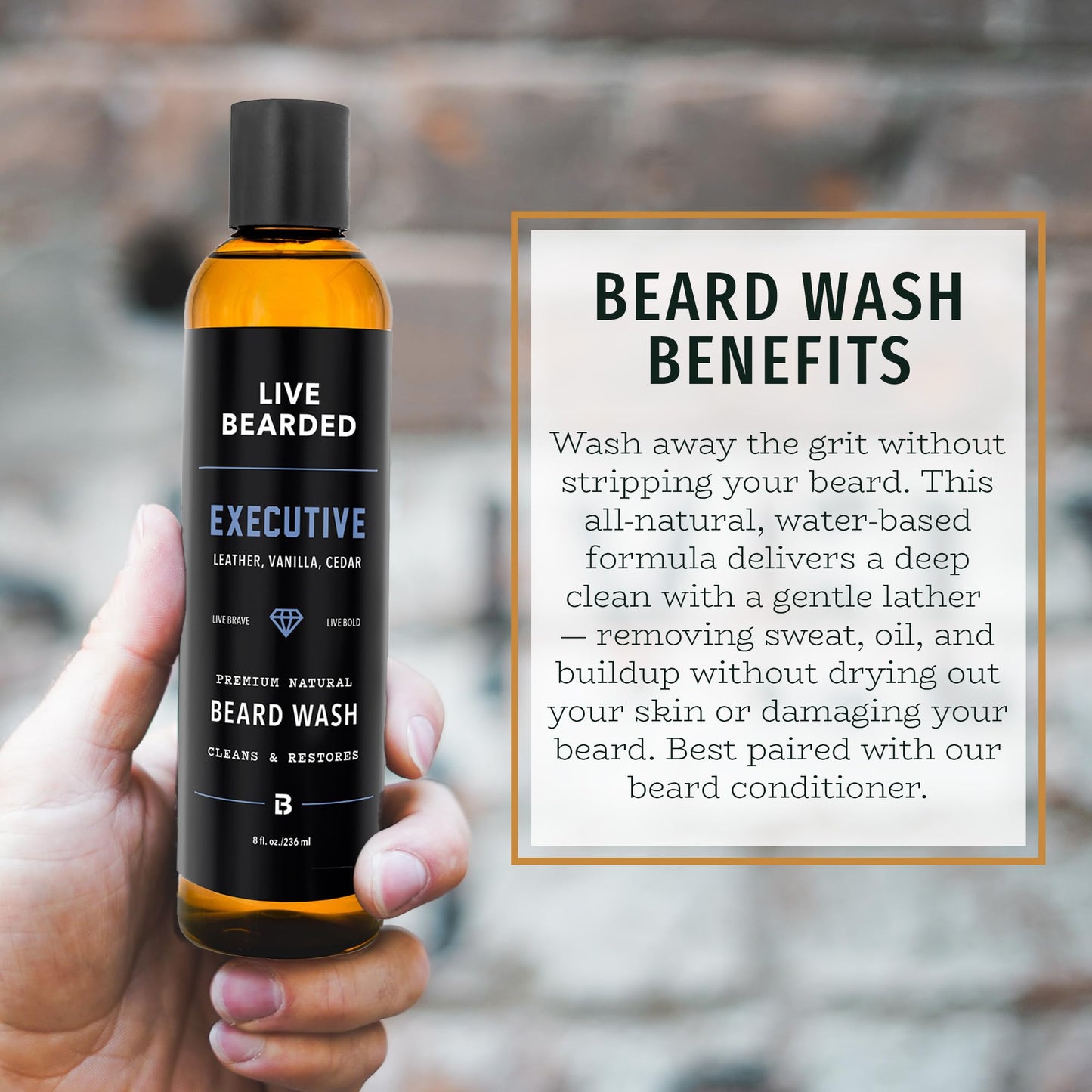 Live Bearded Beard Wash, 8 fl oz - Water-Based Face Cleanser with All-Natural Ingredients for a Gentle, Deep Clean - Made in the USA | Executive Scent