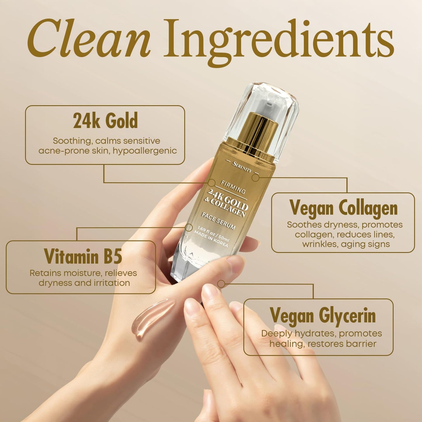 Serenity Dew 24K Gold & Collagen Face Serum - Dermatologist Tested Anti-Aging Korean Skin Care - Calms, Soothes, Hydrates & Firms Skin - Vegan Clean