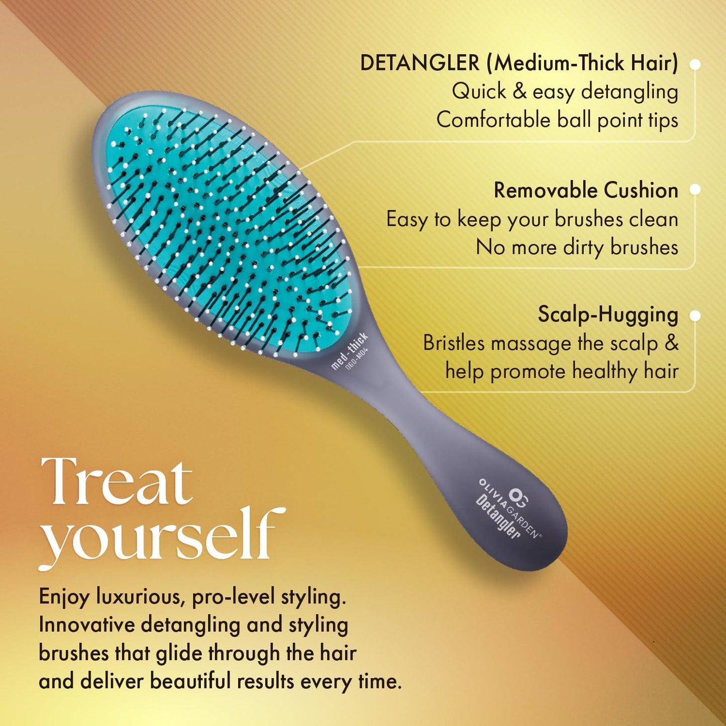 Olivia Garden OG Detangler Brush - Removable Cushion, Gentle Scalp Massage & Detangling for Wet or Dry, Medium to Thick Hair - Black